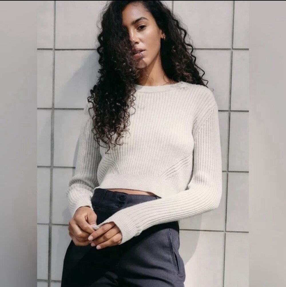 Aritzia Wilfred Free Boland Cropped Sweater Small 100% Merino Wool Beige Cozy